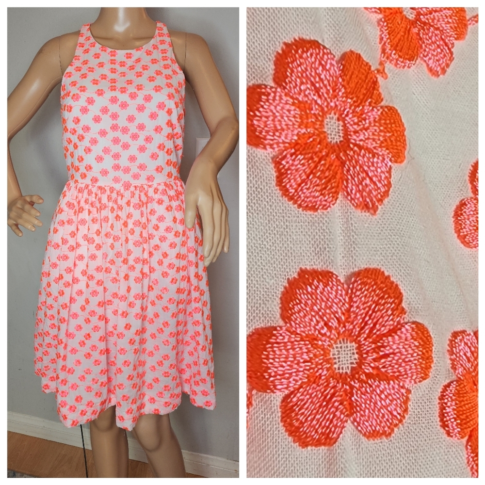 J. Crew Floral Embroidered Neon Coral Fit & Flare Sleeveless Dress Pockets Sz 2